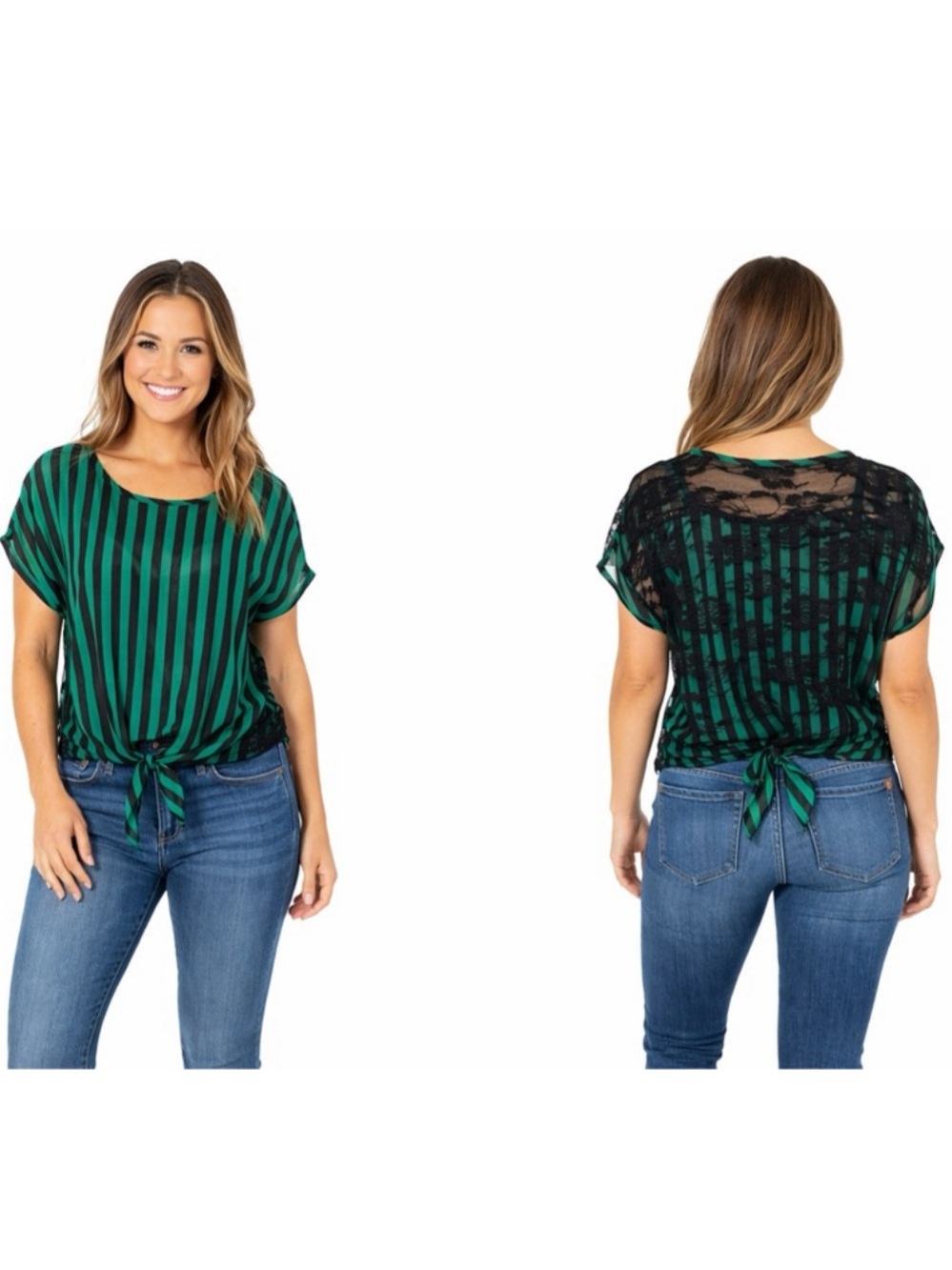 Ultra Flirt Green and Black Striped Tie-Front Crop Top with Lace Back Detail